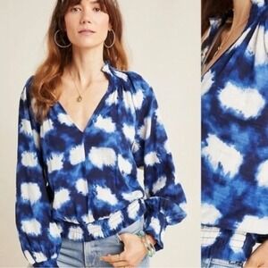 Anthropologie Porridge Tie‎ Die Gauzy Peasant Top Small Long Sleeve Blue White